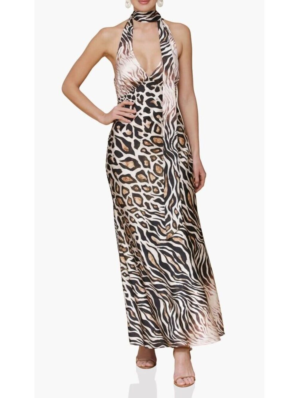 Avec Les Filles Scarf Tie Neck Animal Print Maxi Dress Women Size 10